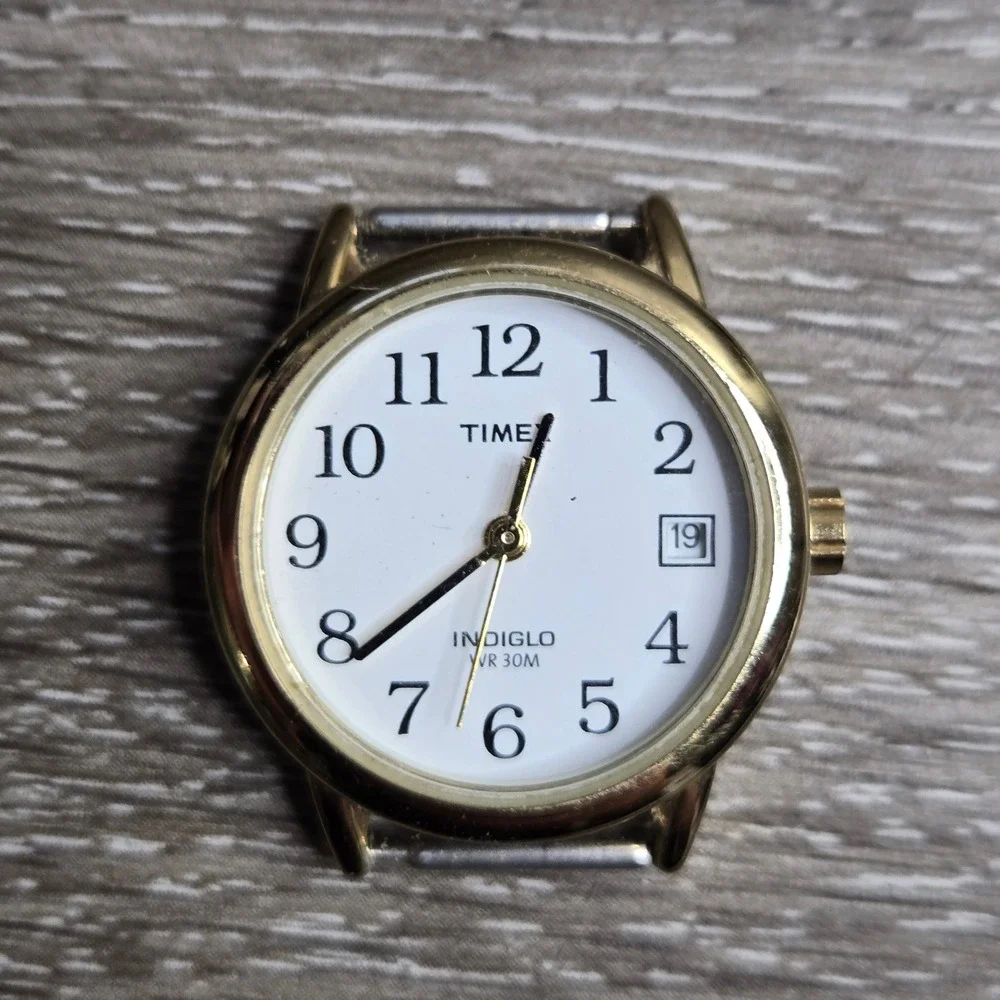 Timex Indiglo Women's Watch Gold Tone White Arabic Dial Date Quartz‎ Working